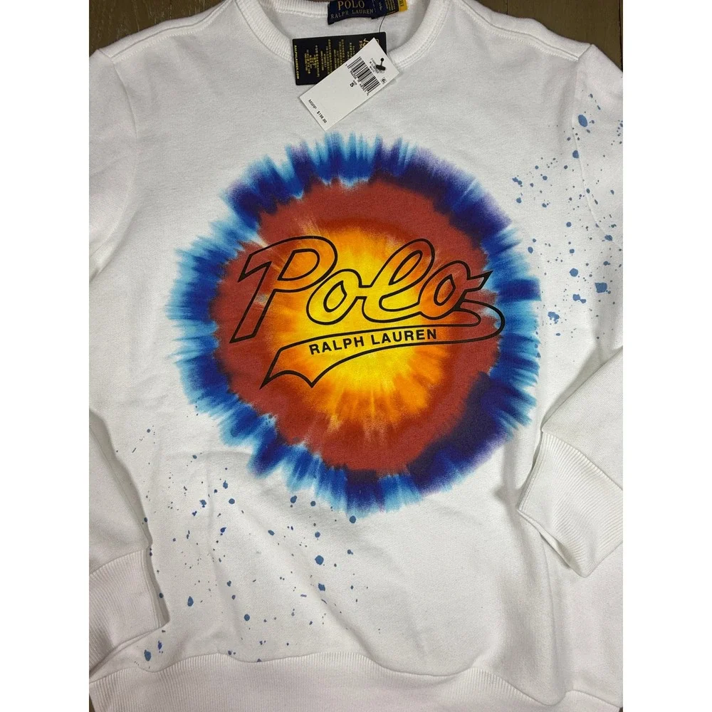 Polo Ralph‎ Lauren Sweatshirt Mens Small White Tie Dye Splatter Crewneck Logo